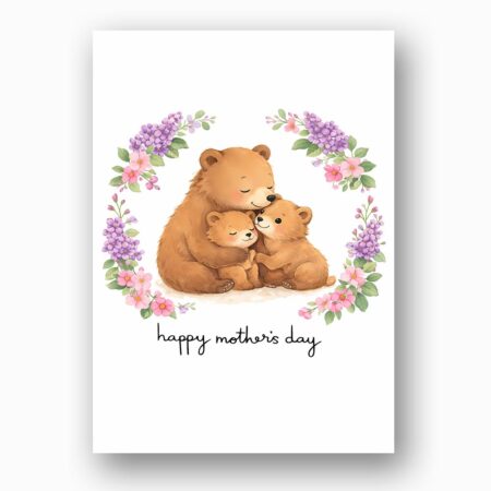 Mothers Day Bear Mom And Cubs Floral Wreath Editable Digital Greeting Template