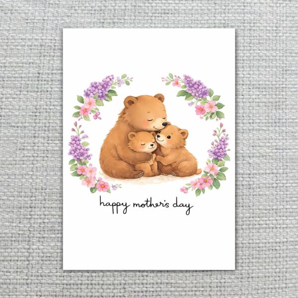 Mothers Day Bear Mom And Cubs Floral Wreath Editable Digital Greeting Template