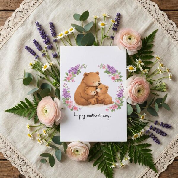 Mothers Day Bear Mom And Cubs Floral Wreath Editable Digital Greeting Template
