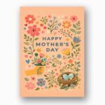 Mothers Day Bird Nest Flowers Peach Floral Illustration Instant Download 5X7 Greeting Template