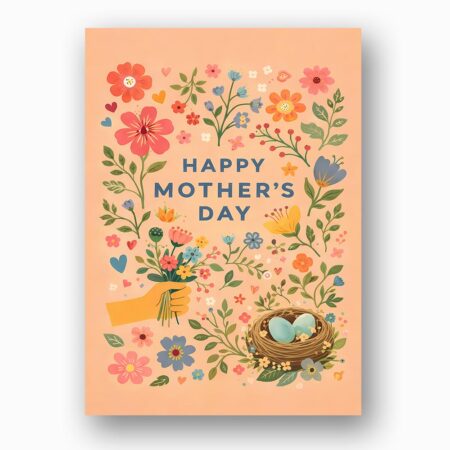 Mothers Day Bird Nest Flowers Peach Floral Illustration Instant Download 5X7 Greeting Template