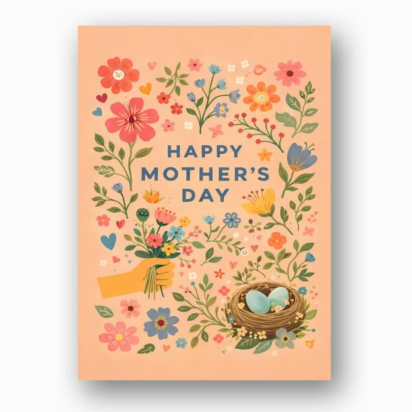 Mothers Day Bird Nest Flowers Peach Floral Illustration Instant Download 5X7 Greeting Template
