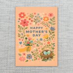 Mothers Day Bird Nest Flowers Peach Floral Illustration Instant Download 5X7 Greeting Template