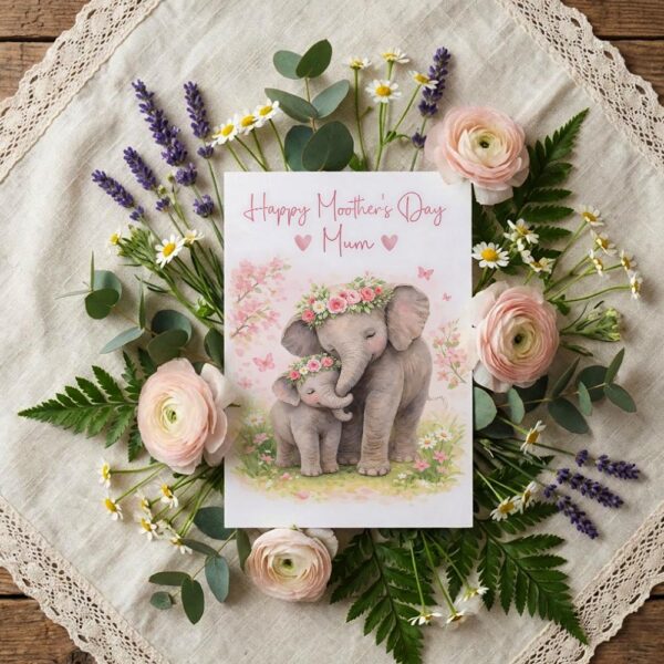 Mothers Day Elephant And Calf Cute Pink Floral Animal Illustration Editable Pdf Greeting Download