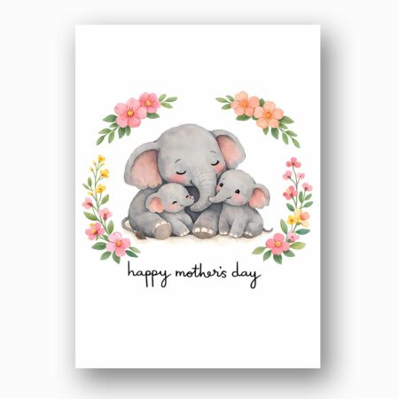Mothers Day Elephant Family Floral Wreath Art Downloadable Artistic Card