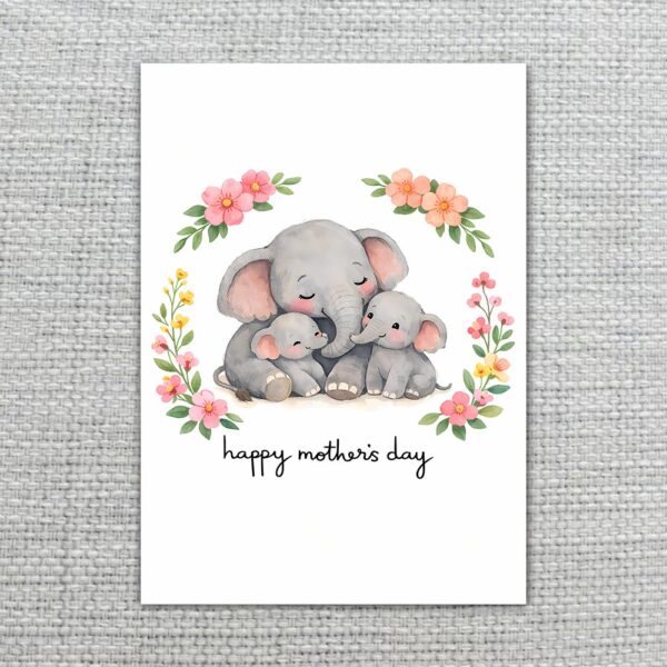 Mothers Day Elephant Family Floral Wreath Art Downloadable Artistic Card