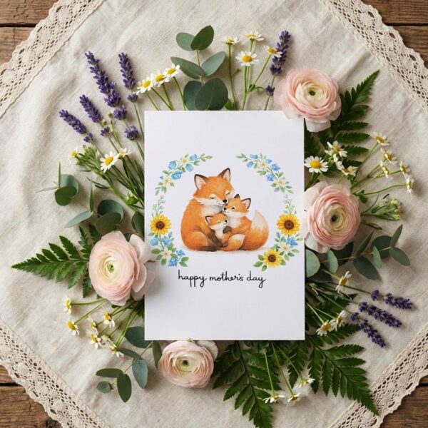 Mothers Day Fox Family Sunflower Wreath Design Personalized Digital Stationery