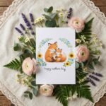 Mothers Day Fox Mom And Cub Floral Wreath Custom Digital Greeting File