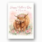 Mothers Day Highland Cow And Baby Calf Floral Meadow Art Instant Download Greeting
