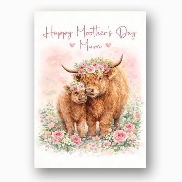 Mothers Day Highland Cow And Baby Calf Floral Meadow Art Instant Download Greeting
