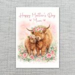 Mothers Day Highland Cow And Baby Calf Floral Meadow Art Instant Download Greeting