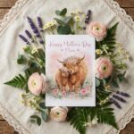 Mothers Day Highland Cow And Baby Calf Floral Meadow Art Instant Download Greeting