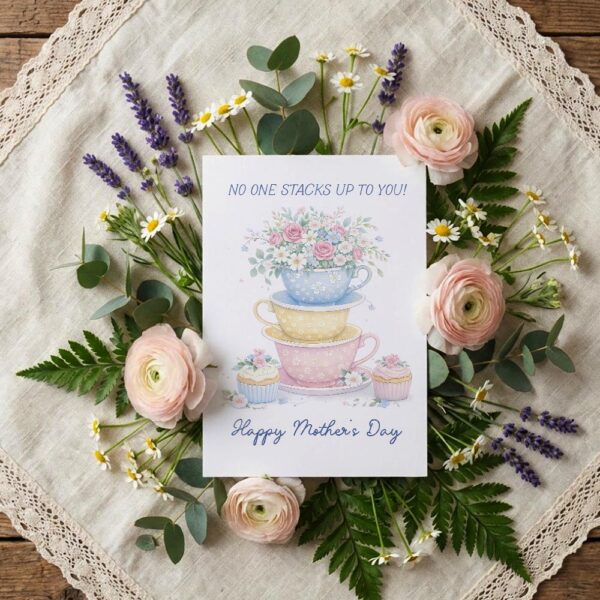 No One Stacks Up To You Teacups Cupcakes Floral Design Downloadable Artistic Card