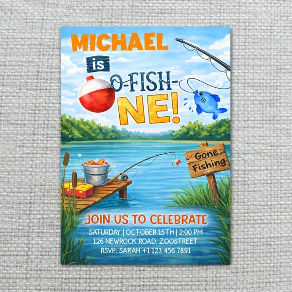 O Fish One Fishing Dock Pier Lake Bucket Gone Fishing Downloadable Artistic Card