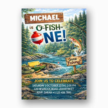 Ofishally One Fishing Boat Waterfall Forest Pine Mountain Lake Instant Delivery Digital Card