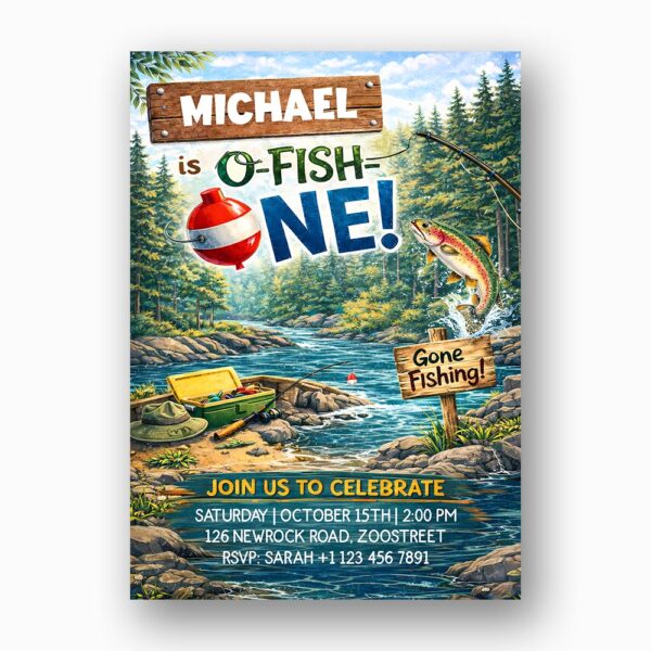 Ofishally One Fishing Boat Waterfall Forest Pine Mountain Lake Instant Delivery Digital Card