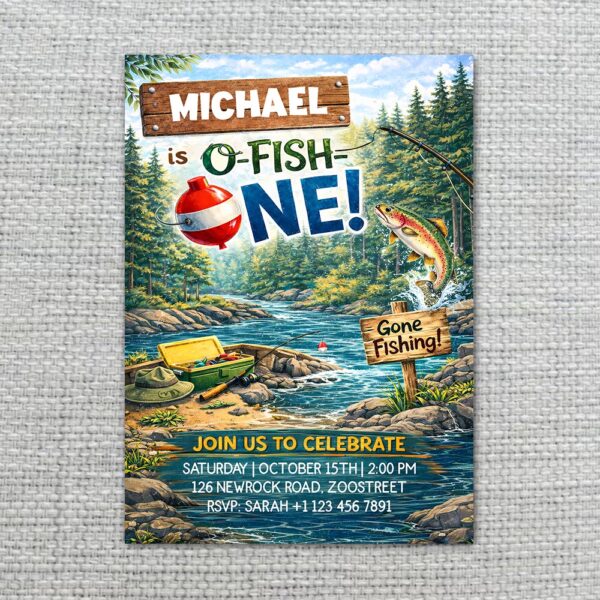 Ofishally One Fishing Boat Waterfall Forest Pine Mountain Lake Instant Delivery Digital Card