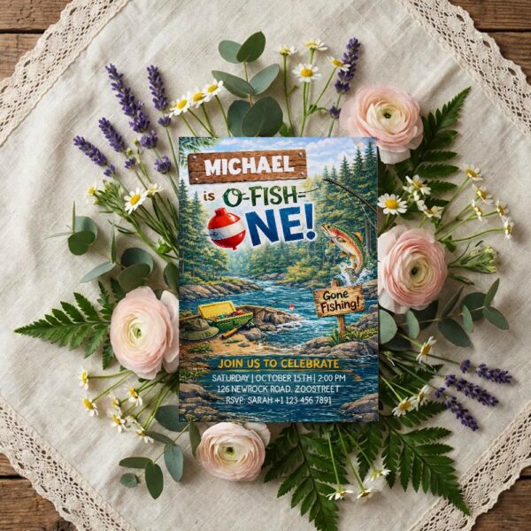 Ofishally One Fishing Boat Waterfall Forest Pine Mountain Lake Instant Delivery Digital Card