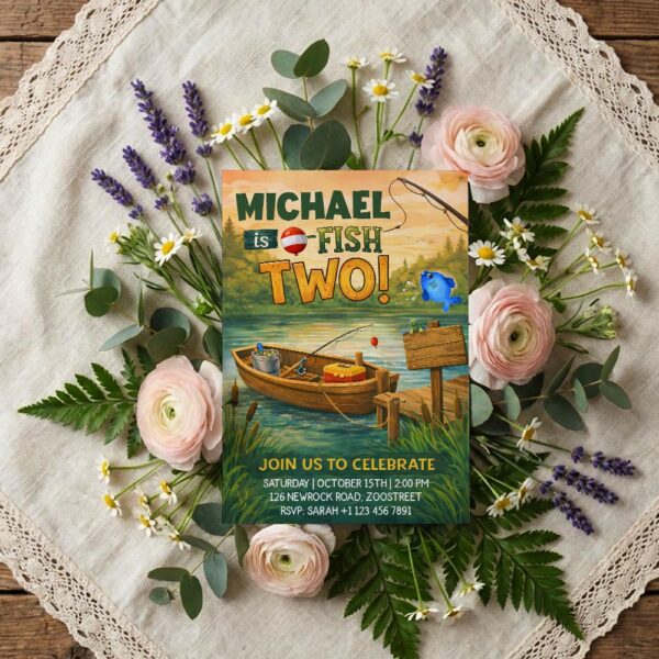 Ofishally Two Fishing Boat Lake Forest Pine Instant Delivery Digital Card