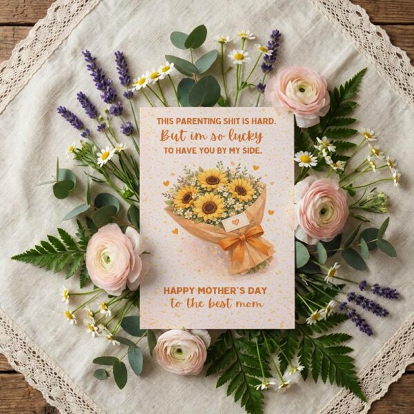 Parenting Shit Is Hard But Lucky To Have You Mothers Day Sunflower Bouquet Customizable Watercolor Greeting