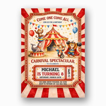 Party Animals Dog Monkey Lion Jungle Circus Tent Customizable Printable Celebration Card
