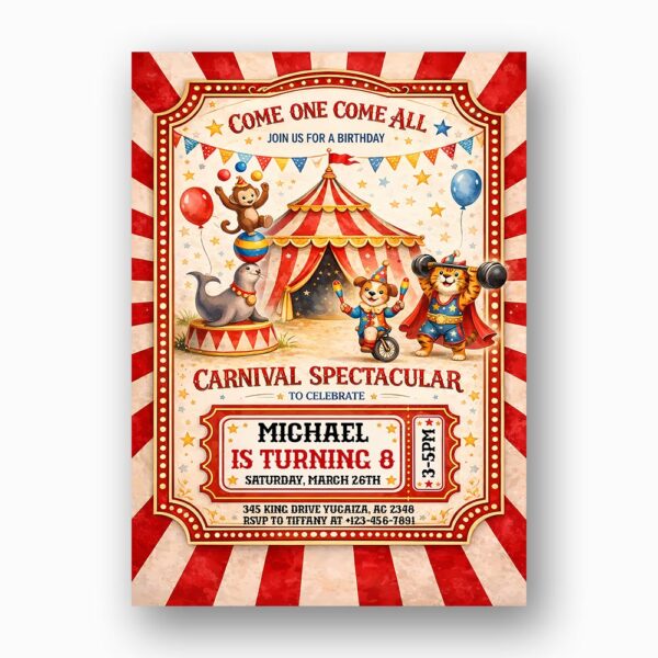 Party Animals Dog Monkey Lion Jungle Circus Tent Customizable Printable Celebration Card