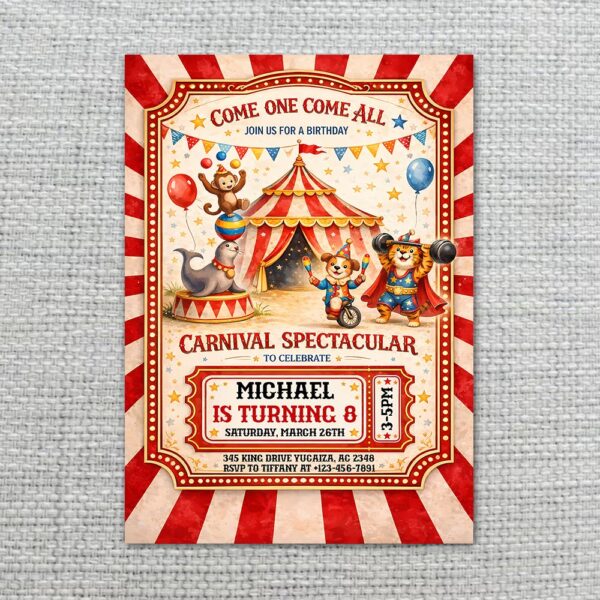 Party Animals Dog Monkey Lion Jungle Circus Tent Customizable Printable Celebration Card