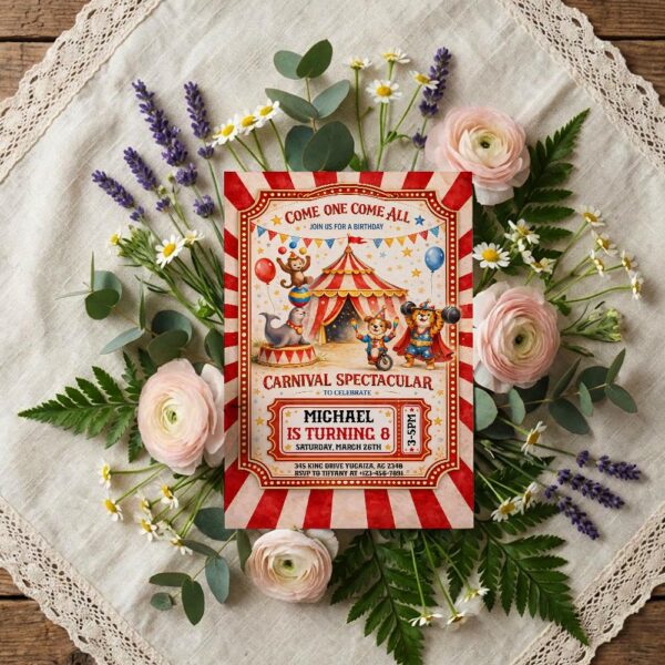 Party Animals Dog Monkey Lion Jungle Circus Tent Customizable Printable Celebration Card