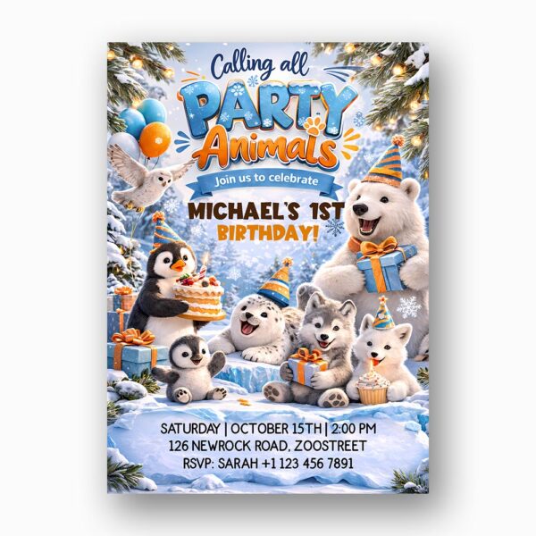 Party Animals Winter Arctic Animals Penguin Polar Bear Snow Ice Editable High Quality Stationery