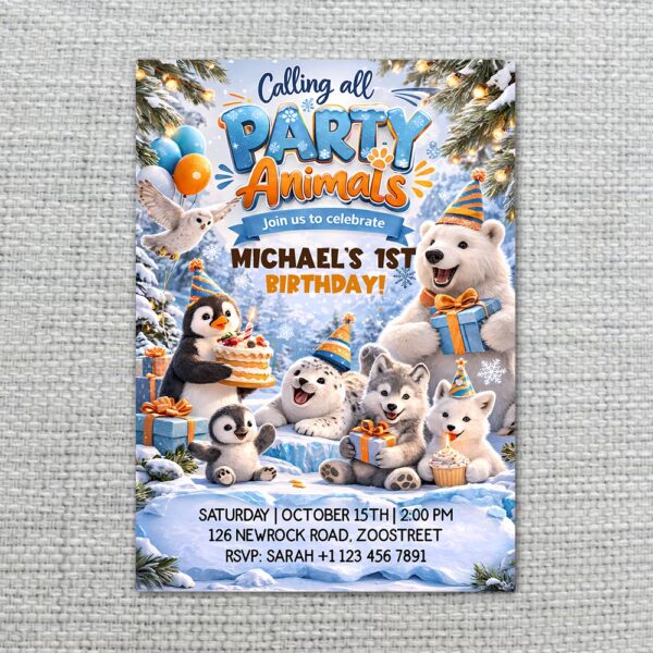 Party Animals Winter Arctic Animals Penguin Polar Bear Snow Ice Editable High Quality Stationery