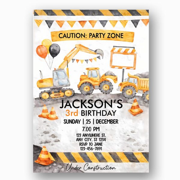 Party Zone Construction Crane Dump Truck Excavator Editable Pdf Greeting Download