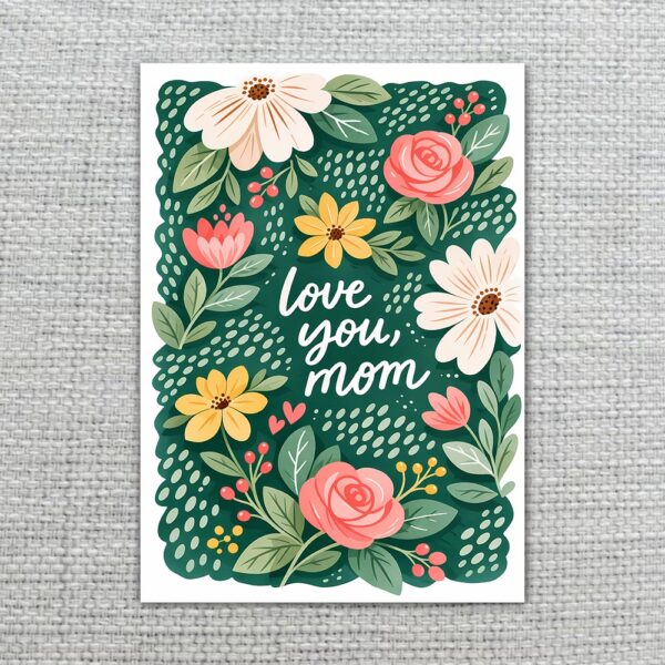 Pink Roses And White Daisies Love You Mom Green Floral Art Botanical Watercolor Digital Download