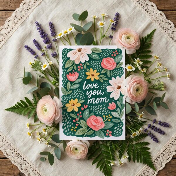 Pink Roses And White Daisies Love You Mom Green Floral Art Botanical Watercolor Digital Download