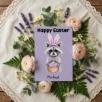 Playful Purple Raccoon Easter Card Sweet Pastel Animal 300 Dpi High Res Printable