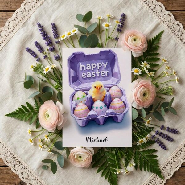 Purple Egg Carton Happy Easter Card Creative Chick Eggs Customizable Watercolor Greeting