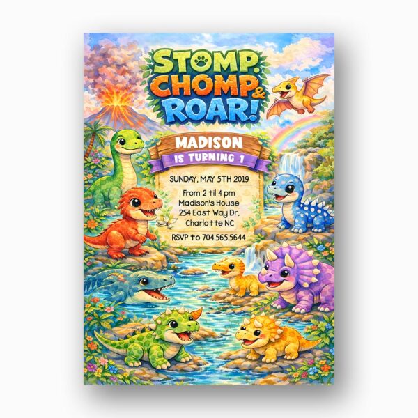 Purple Sky Dinosaur Prehistoric Volcano Downloadable Artistic Card