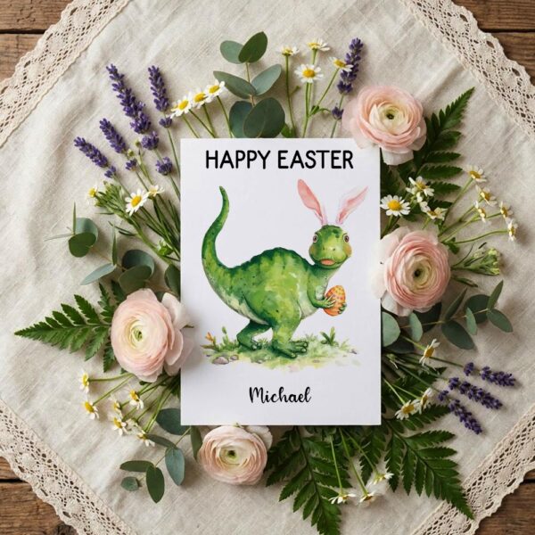 Quirky Dinosaur Bunny Hybrid Greeting Fun Kids Easter Editable High Quality Stationery