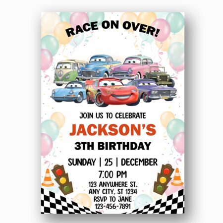 Race On Over Cars Characters Balloons Kids Professional Quality Printable Card
