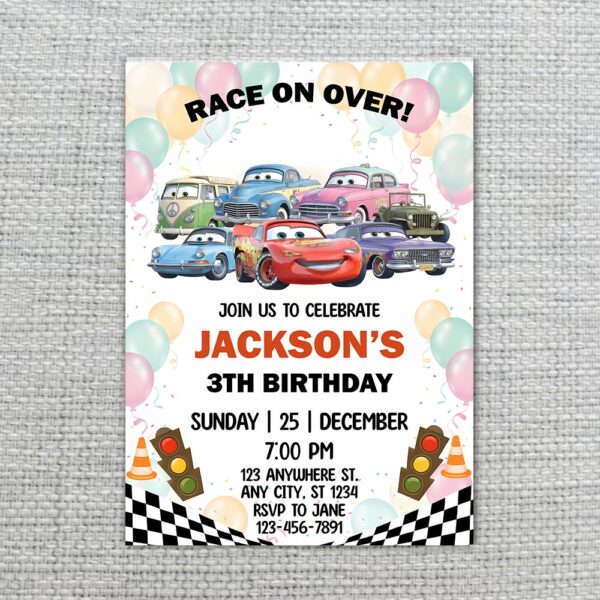 Race On Over Cars Characters Balloons Kids Professional Quality Printable Card