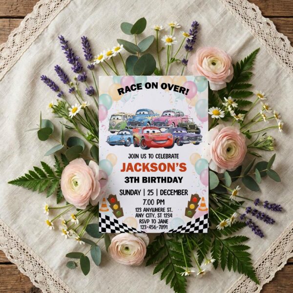 Race On Over Cars Characters Balloons Kids Professional Quality Printable Card