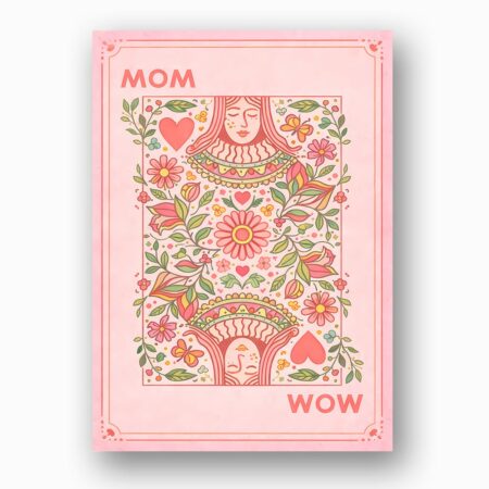 Retro Mom Wow Playing Card Aesthetic Pink Floral Heart Design Ready To Print Digital Card