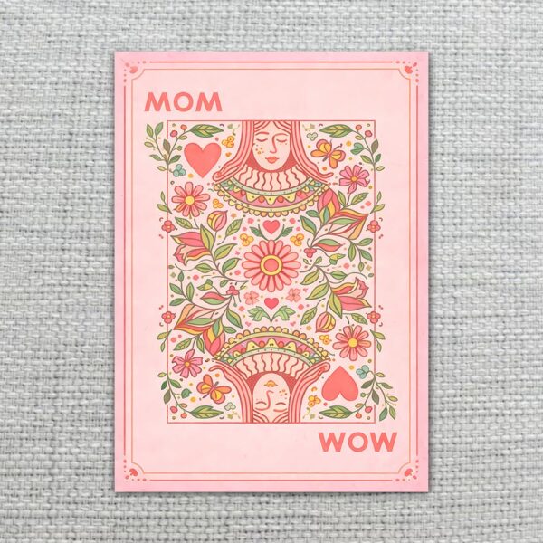 Retro Mom Wow Playing Card Aesthetic Pink Floral Heart Design Ready To Print Digital Card