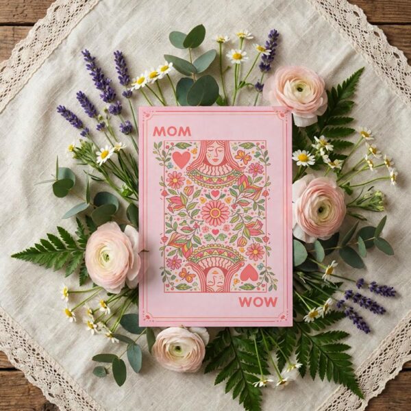 Retro Mom Wow Playing Card Aesthetic Pink Floral Heart Design Ready To Print Digital Card
