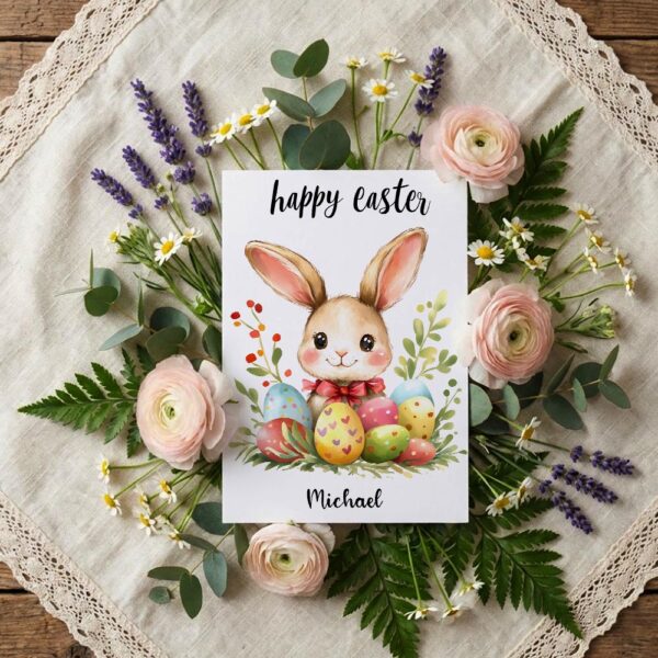 Rustic Bunny with Floral Berries Easter Card Farmhouse Style Illustration Digital File For Home Printing