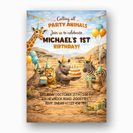 Safari Animals Party Giraffe Elephant Hippo Fully Editable Digital Download