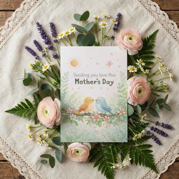 Sending You Love This Mothers Day Birds On Branch Illustration Instant Digital Download Card