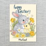 Soft Pastel Bunny Chick Easter Card Watercolor Floral Spring Art Instant Edit Digital Stationery