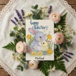 Soft Pastel Bunny Chick Easter Card Watercolor Floral Spring Art Instant Edit Digital Stationery