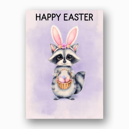Soft Purple Raccoon Easter Greeting Adorable Masked Bunny 5X7 Printable Digital Card