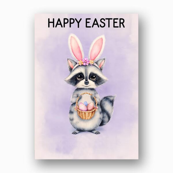 Soft Purple Raccoon Easter Greeting Adorable Masked Bunny 5X7 Printable Digital Card